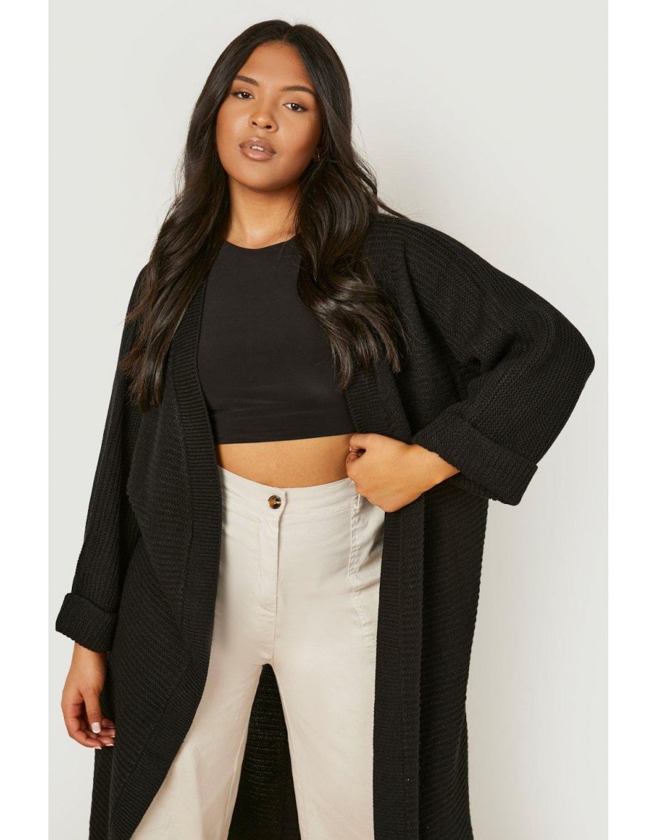 Plus Cocoon Oversized Rib Knit Cardigan - black - 3