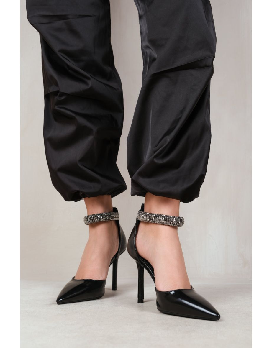 SAPPHIRE POINTED TOE HIGH HEELS WITH DIAMANTE DETAIL ANKLE STRAP IN BLACK PATENT - 1