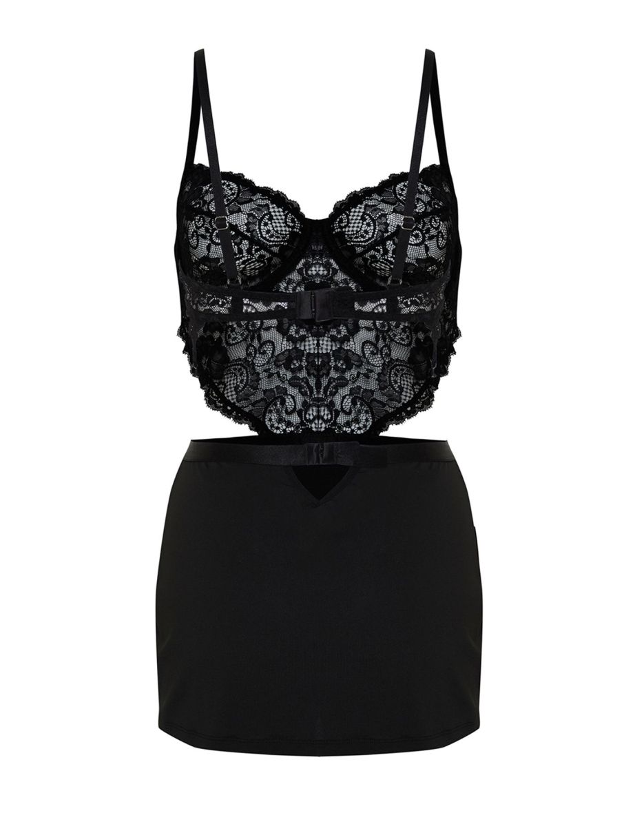 Black Lace String Strap Knitted Fancy Nightdress - 7
