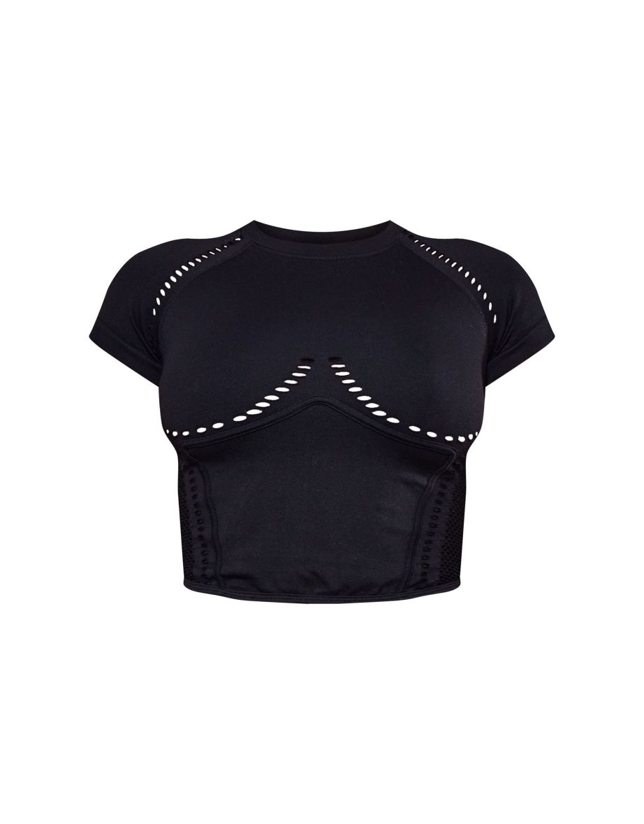 PLT SPORT Black Seamless Laser Cut Cropped Gym Top - 4