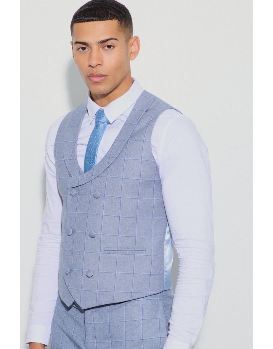 Window Check Double Breasted Waistcoat - blue