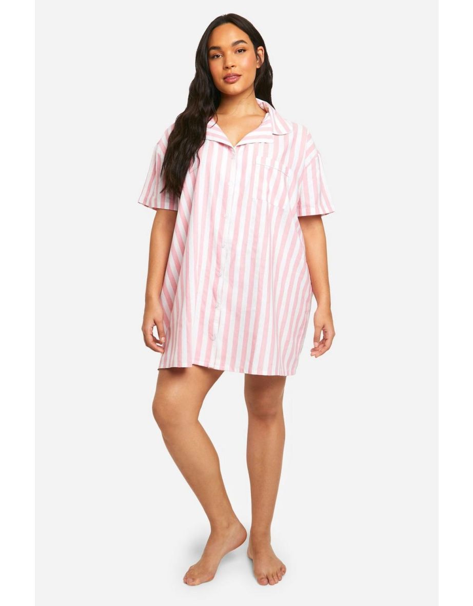 Plus Short Sleeve Cotton Stripe Nightshirt - pink