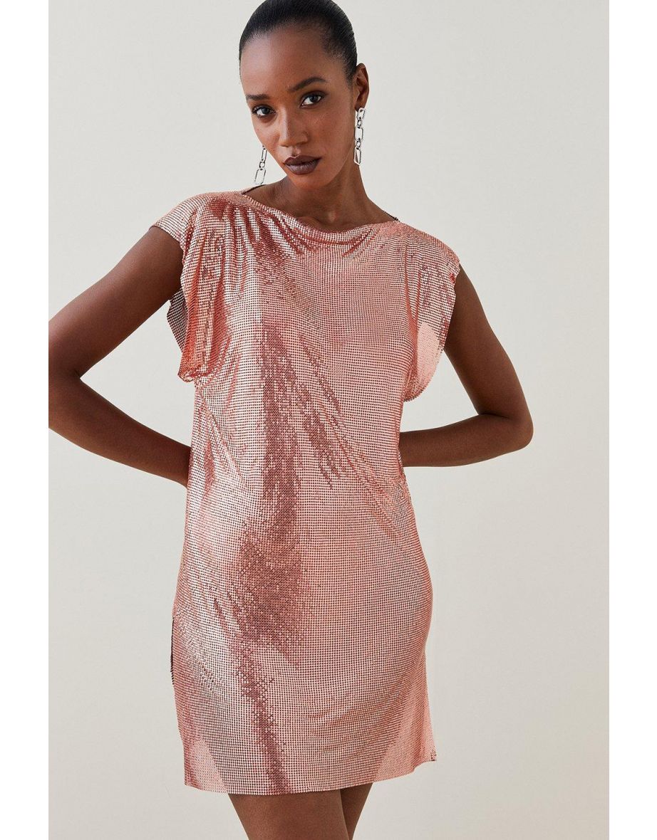 Slinky Chainmail Ruched Cap Sleeve Mini Dress