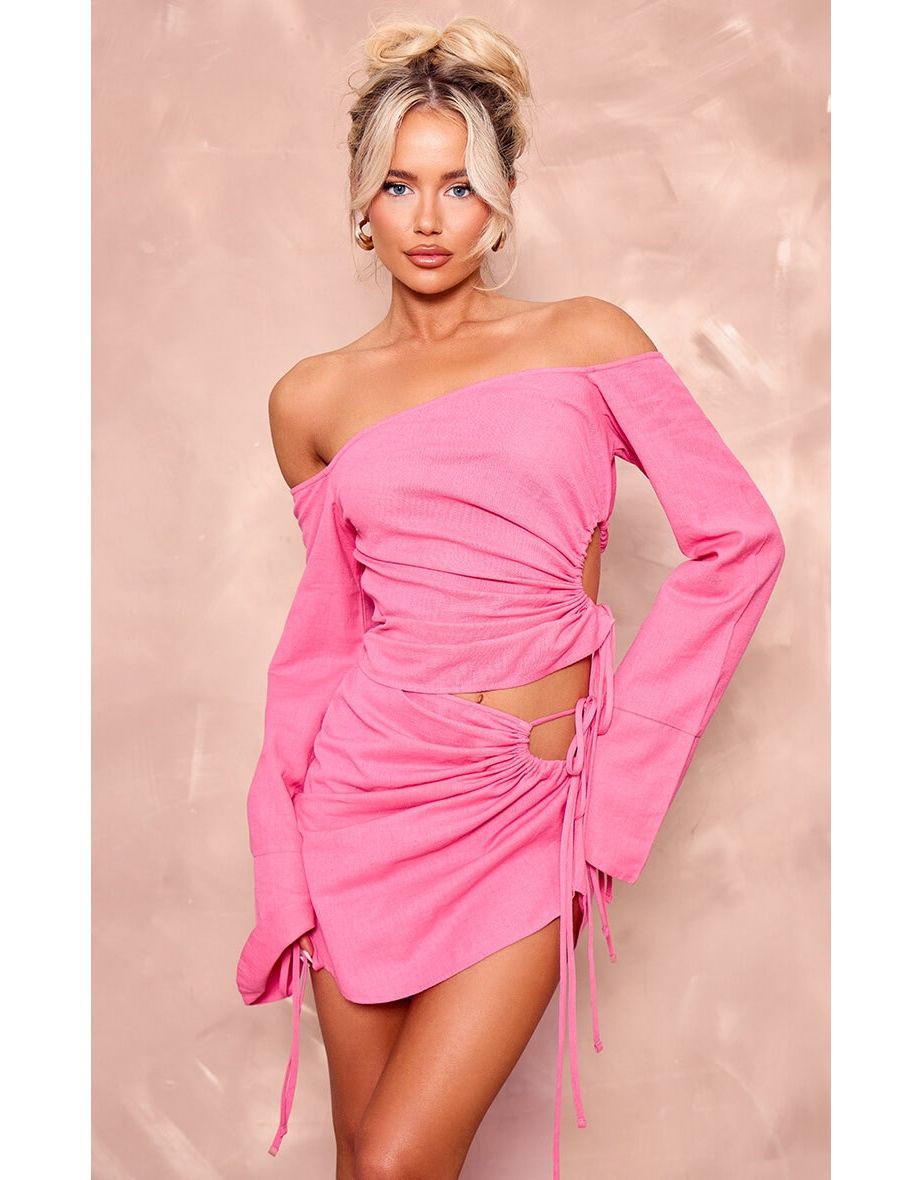 Hot Pink Linen Look Bardot Tie Detail Top