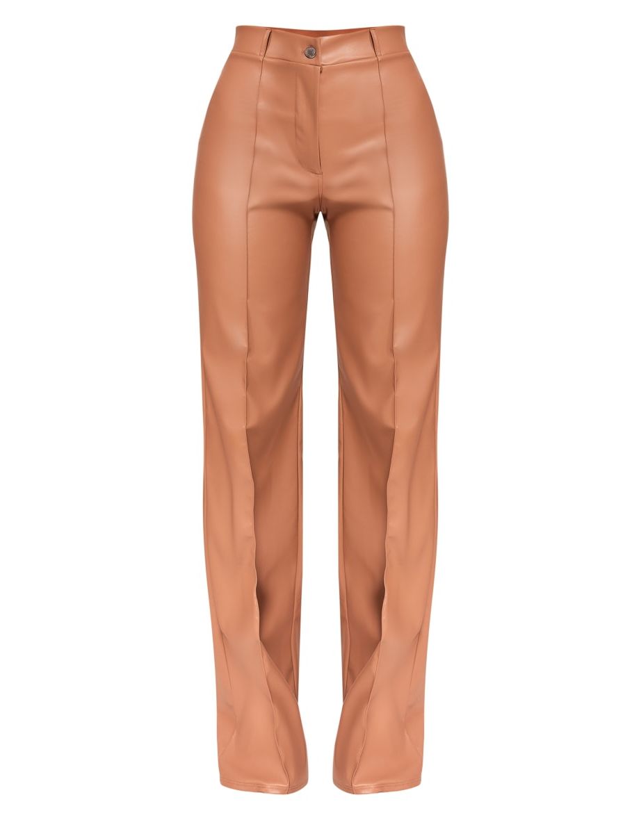 Stone Faux Leather Straight Leg Seam Detail Trousers - 4