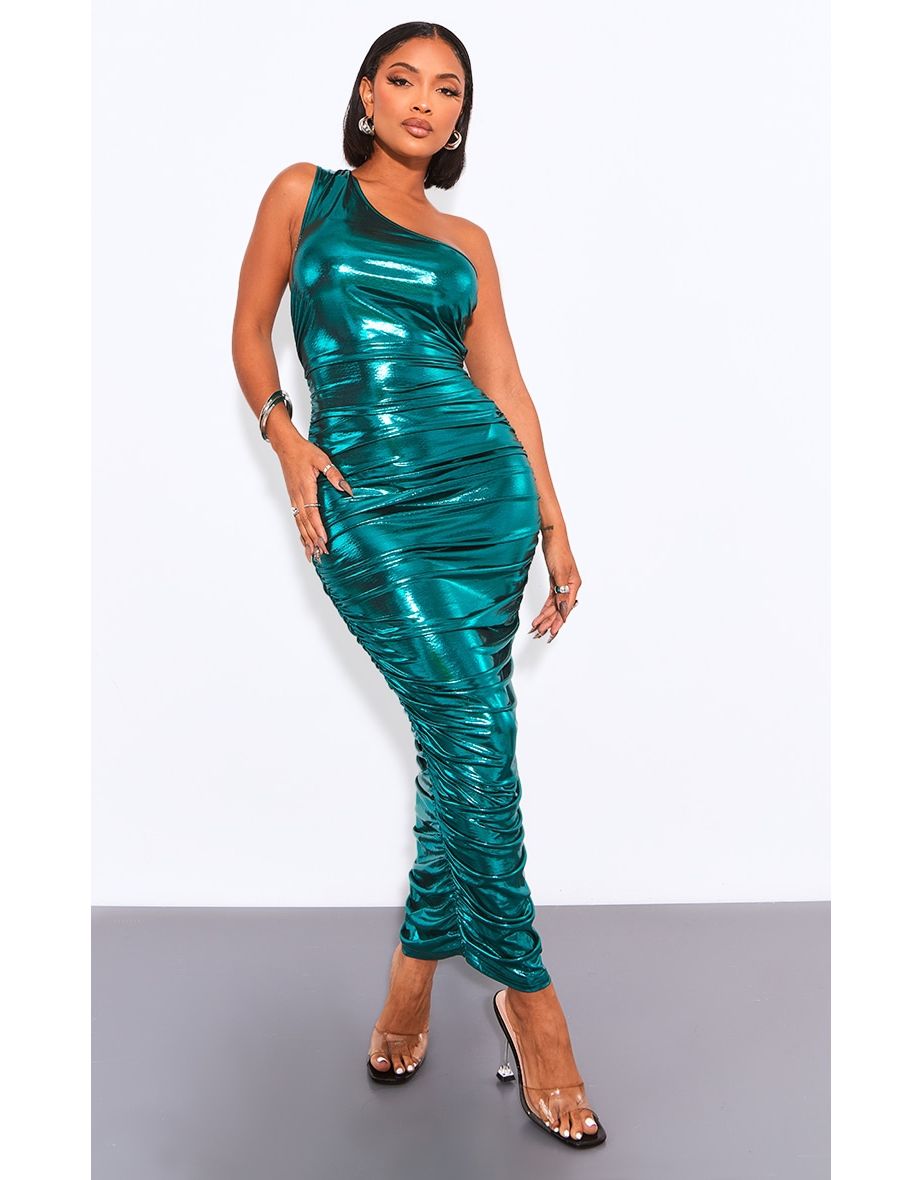 Shape Emerald Green Metallic Ruched One Shoulder Maxi Dress
