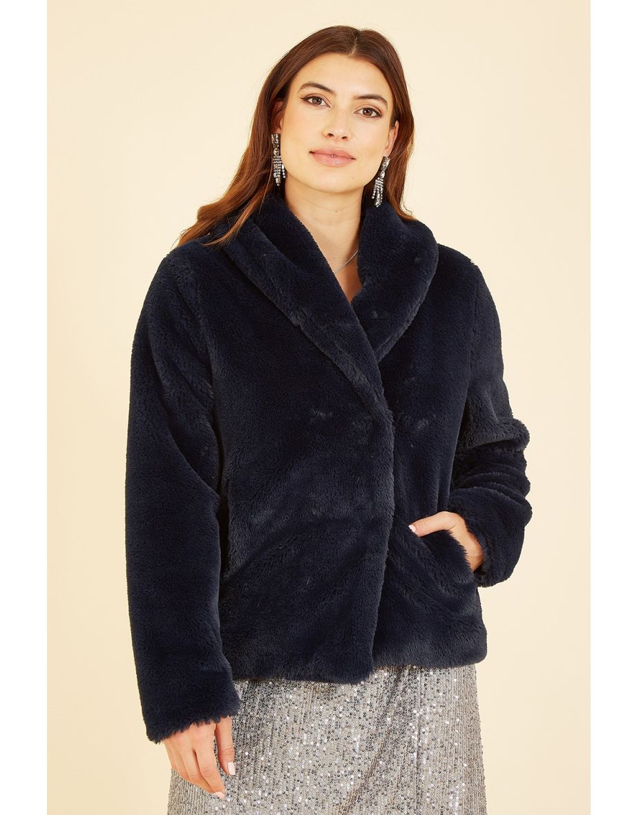 Shop Yumi Navy Short Wrap Faux Fur Coat Online in Qatar VogaCloset