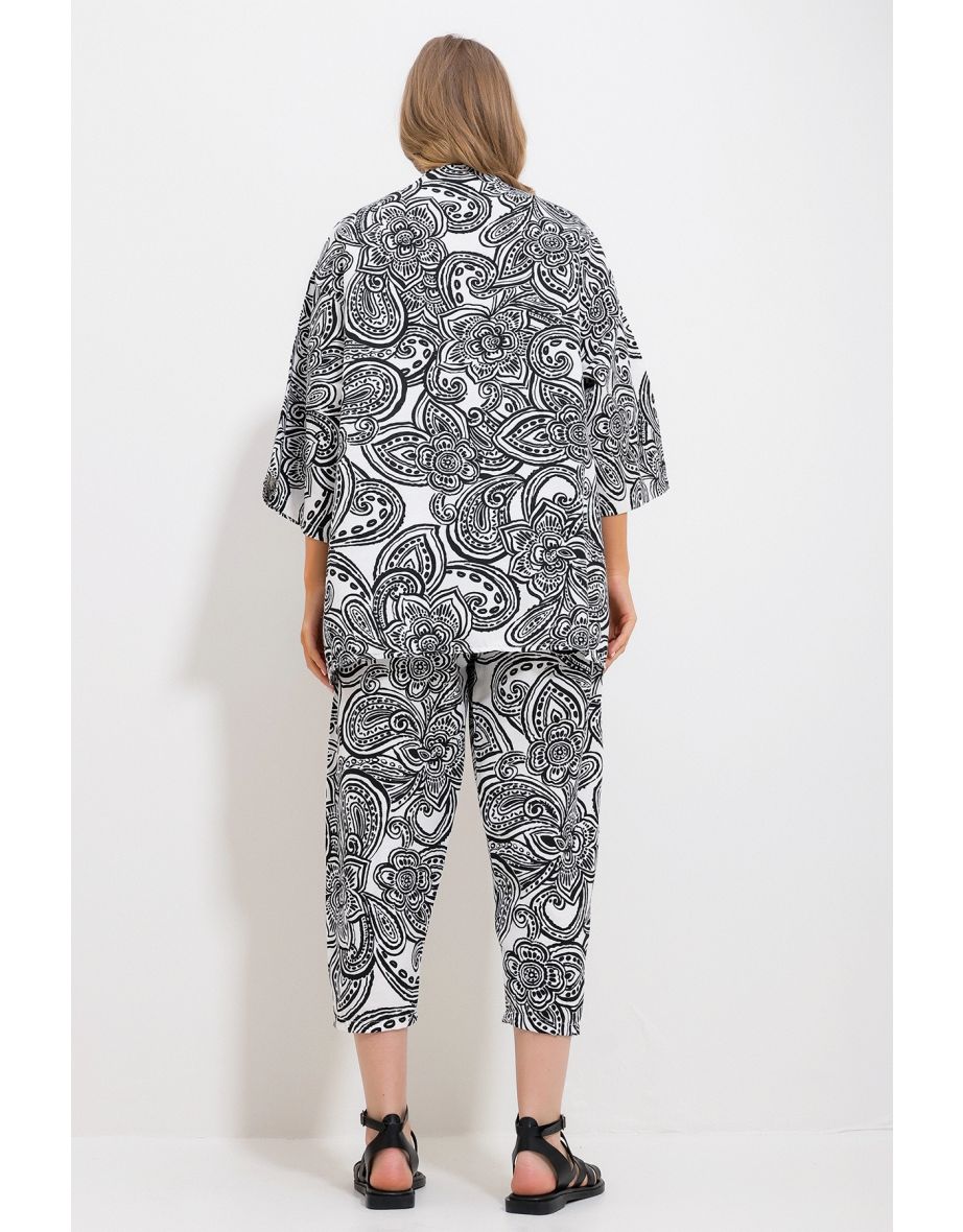 Women's Black Patterned Kimono With Jacket And Trousers Linen Woven Bottom Top Suit - 3