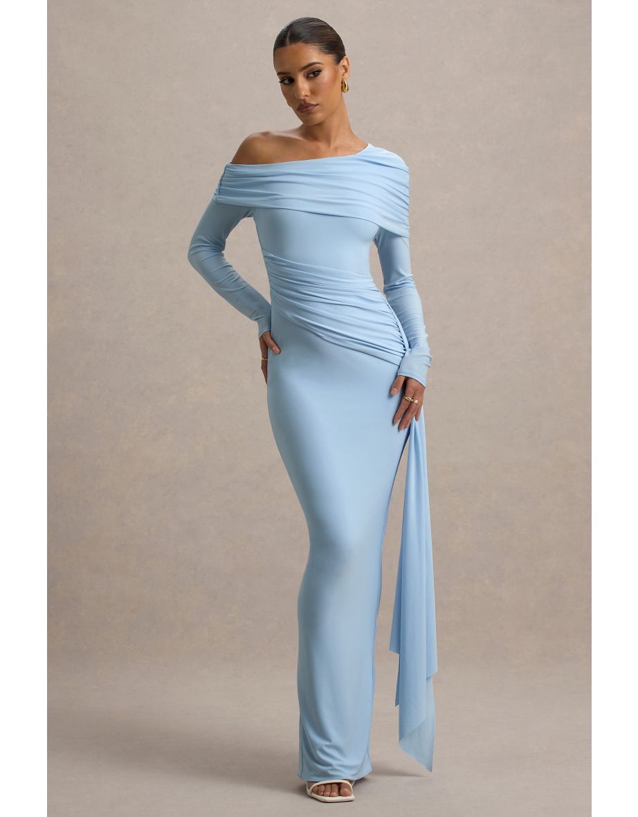 Valina | Powder Blue Ruched Asymmetric Maxi Dress With Drape
