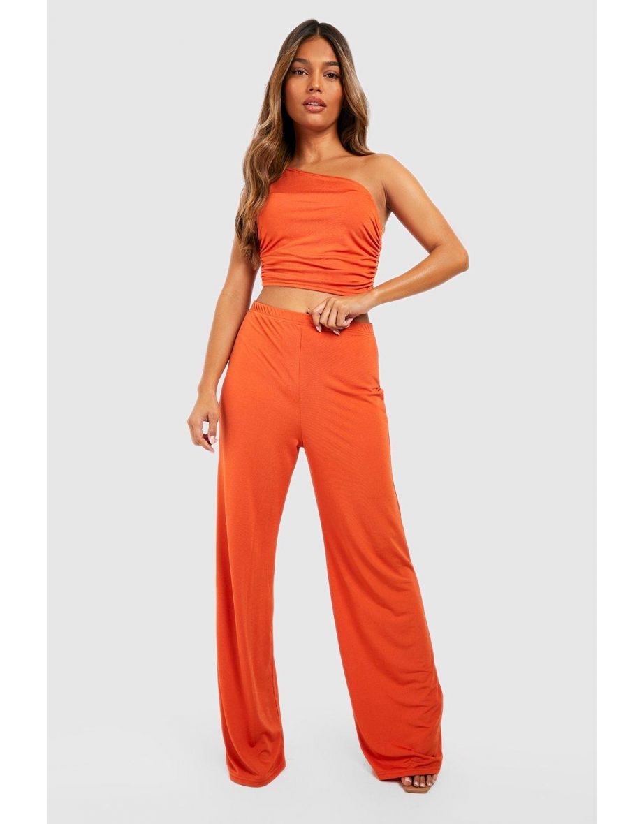 Textured Slinky Wide Leg Trousers - burnt orange