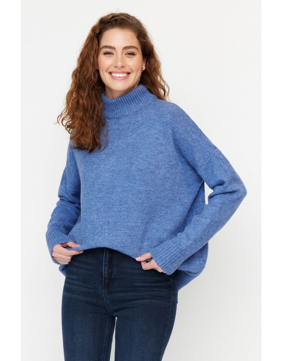 Blue Wide Fit Soft Textured Stand-Up Collar Knitwear Sweater