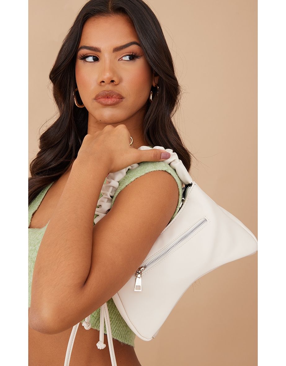 Cream PU Ruched Handle Zip Shoulder Bag