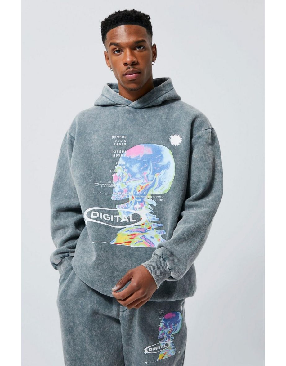 Oversized Washed Graphic Hoodie - charcoal