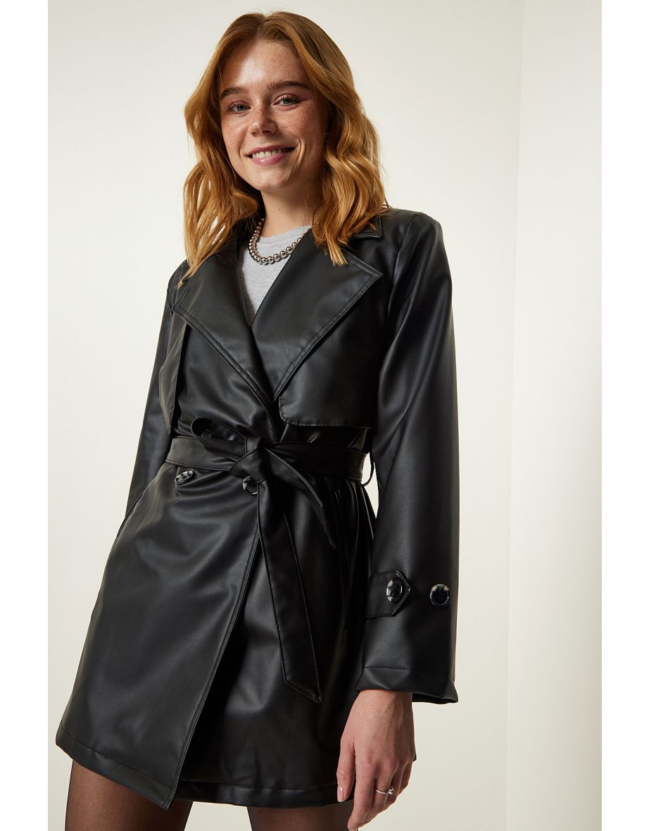 Women's Black Faux Leather Double Breasted Collar Short Trench Coat