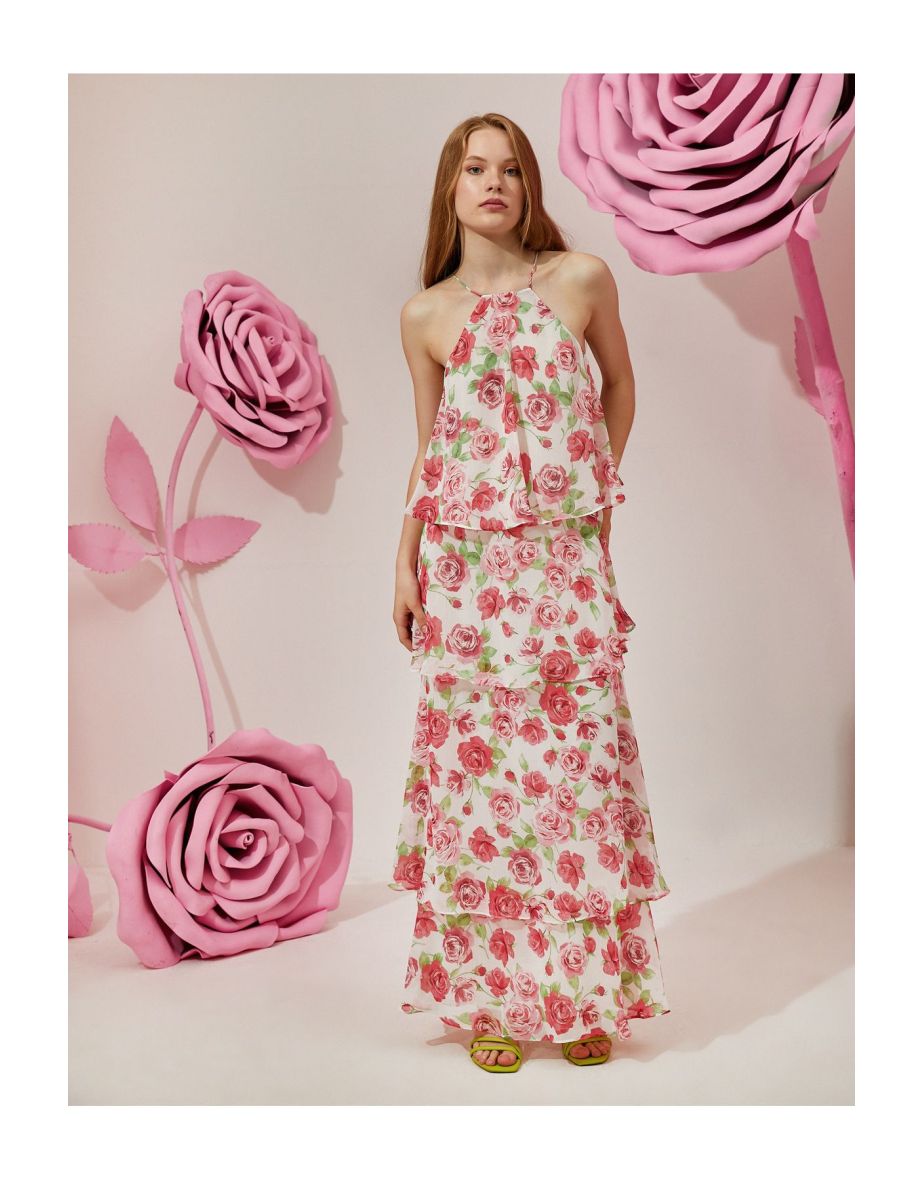 Pink Floral Halter Neck A-Line Maxi Smock Dress with Ruffles