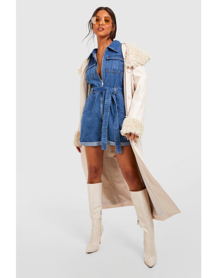 Belted Cargo Denim Playsuit - mid blue