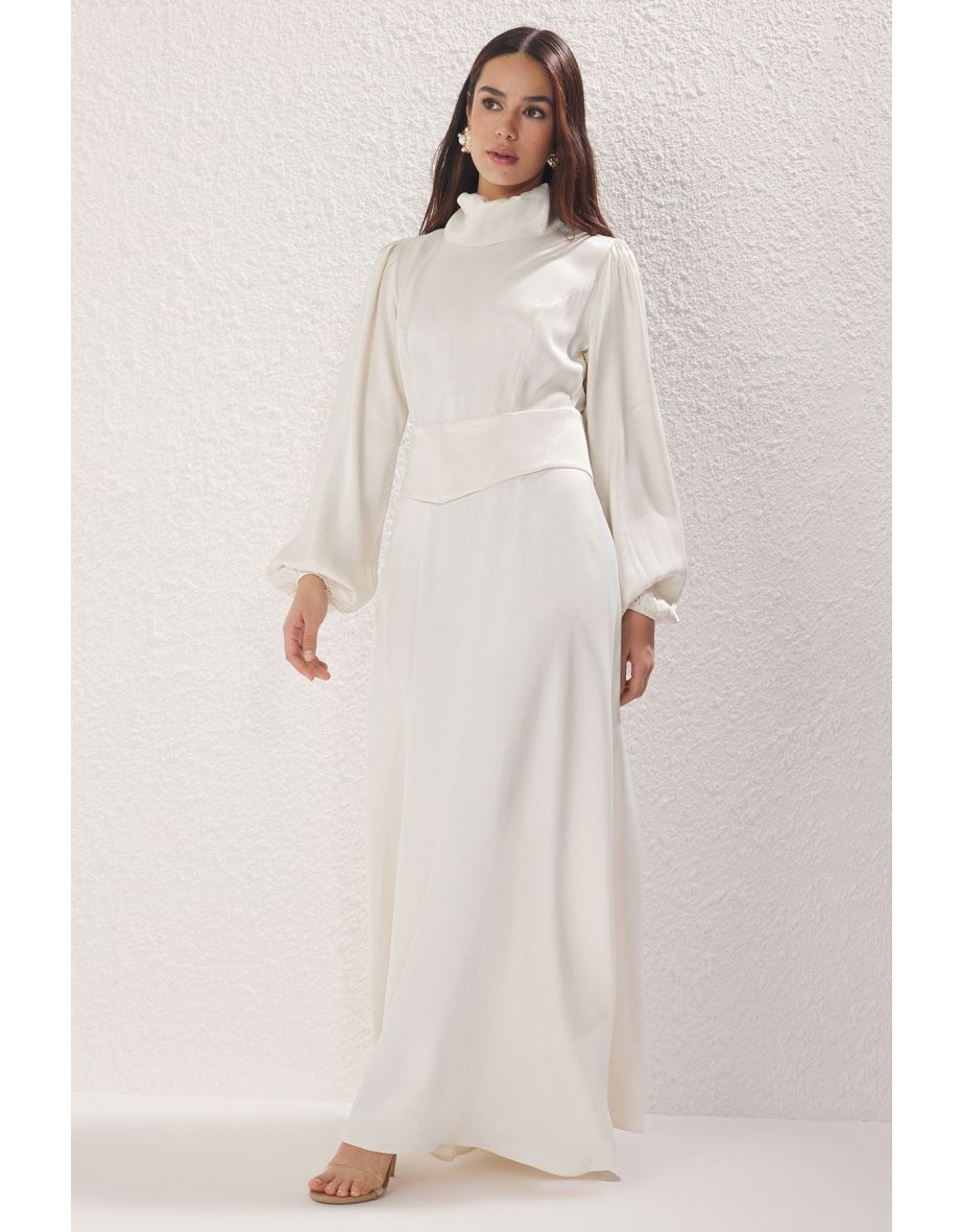 Ecru Corset Detail Bridal Woven Satin Wedding/Special Day Dress