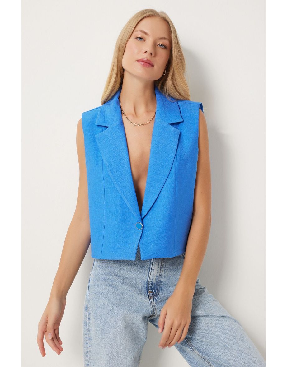 Women's Blue Buttoned Linen Vest