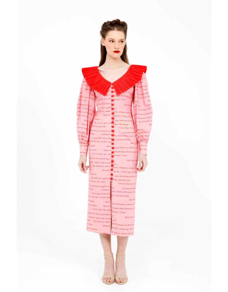 Midi Length Pink Poplin Dress With V-Neck Lettering Pattern