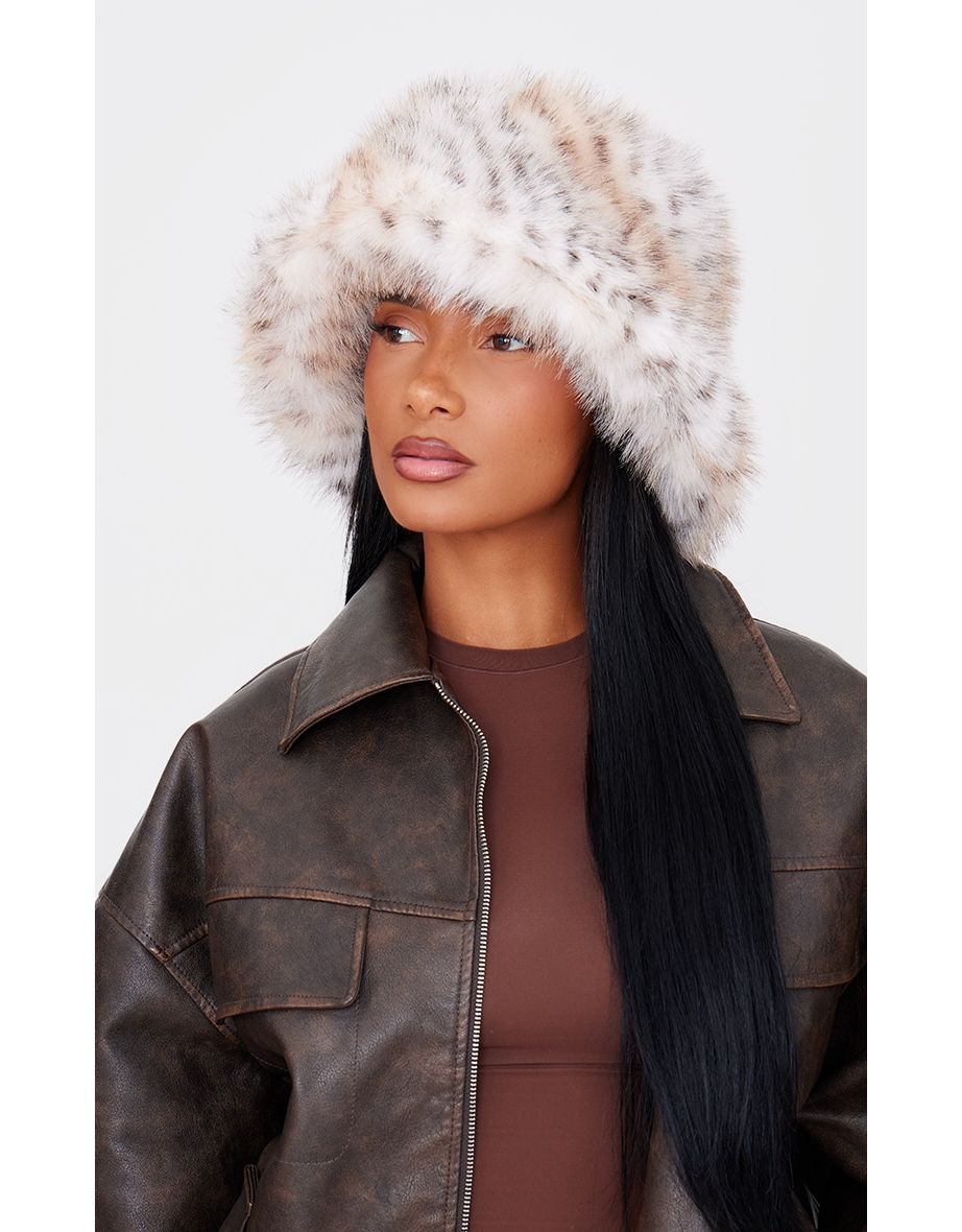 Brown Leopard Faux Fur Bucket Hat