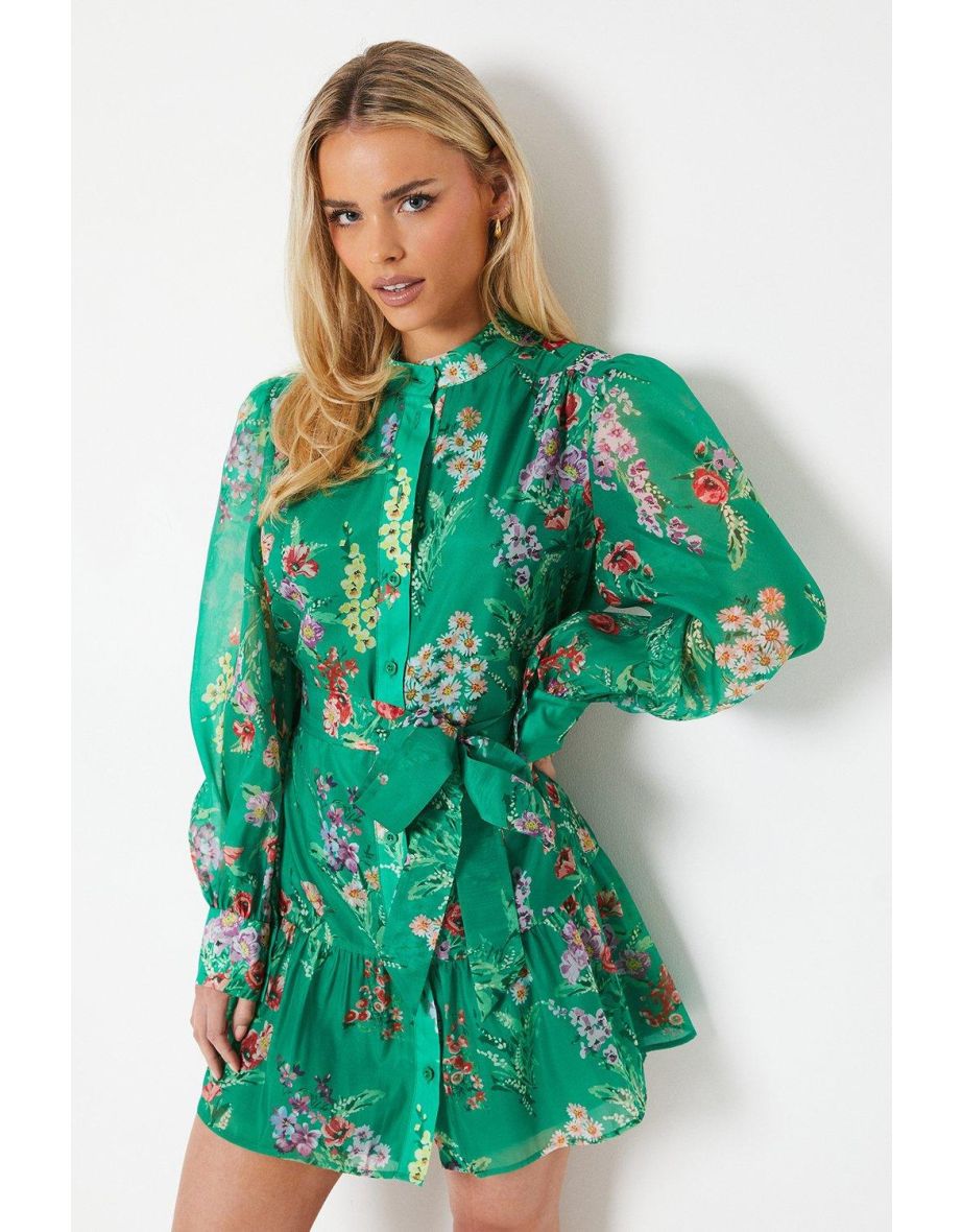 Petite Green Floral Organza Mini Shirt Dress - 3