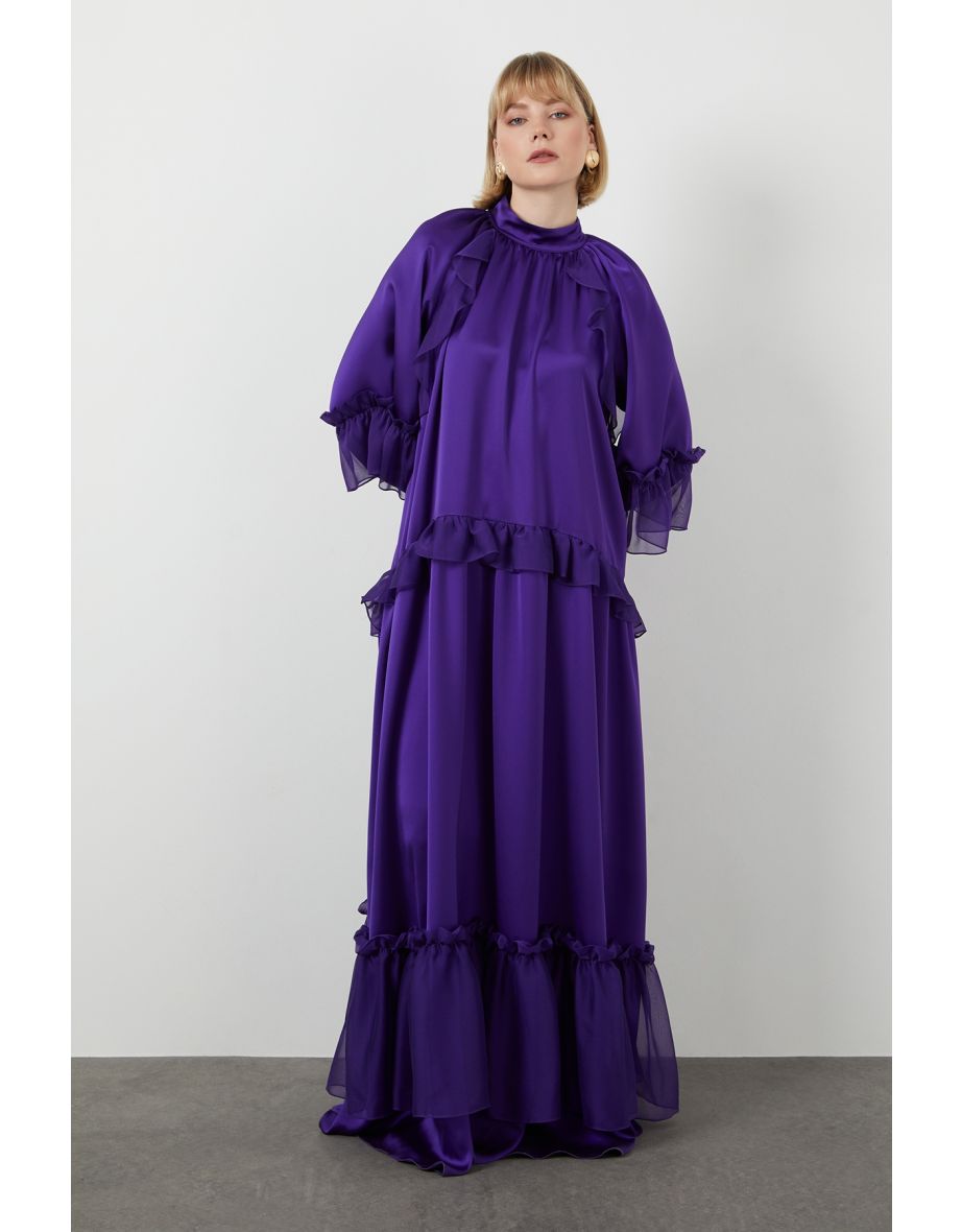 Ruffle Detail Detachable Belt Long Purple Dress