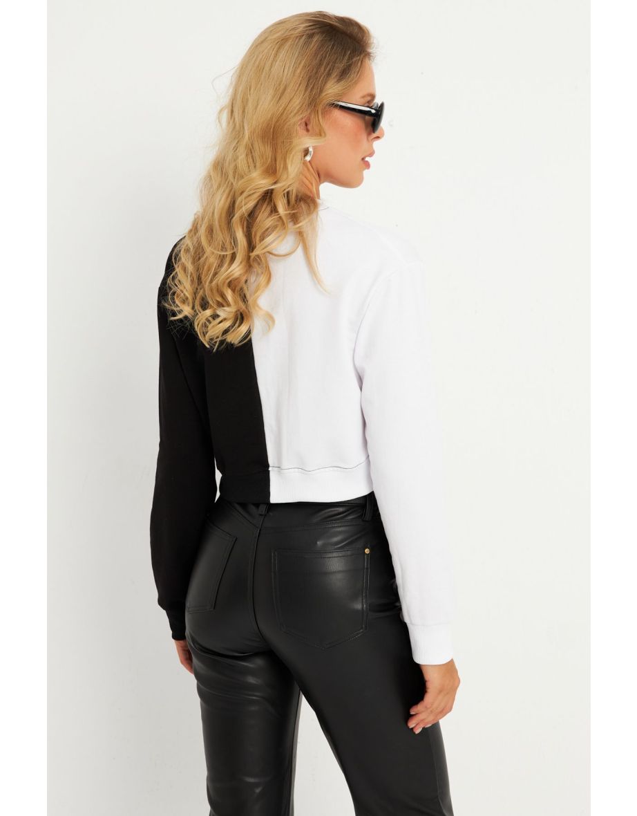 Women's White-Black Eyelet Short Sweatshirt - 6