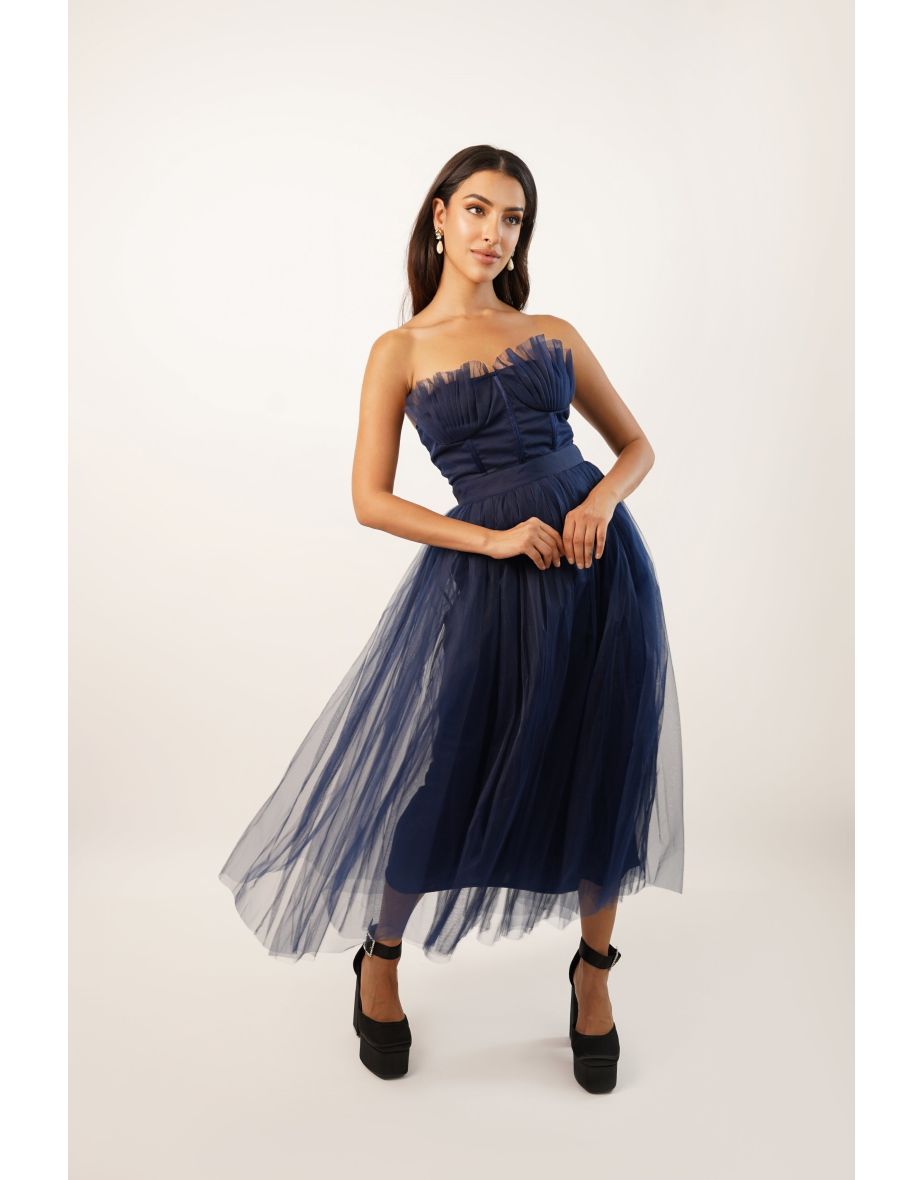 Nimo Dark Blue Tulle Midaxi Dress with Shell Cups