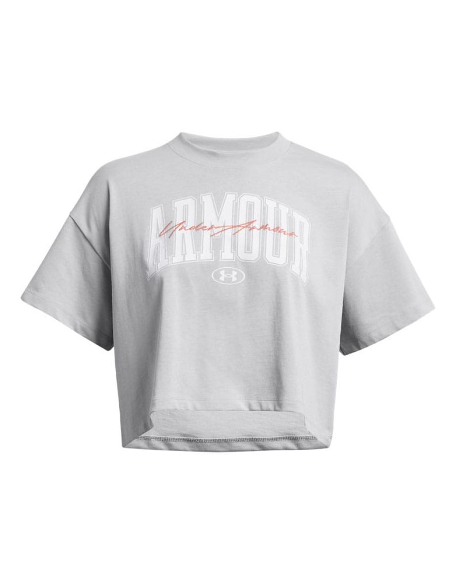 Women's Under Armour UA Heavyweight Scripted Wordmark Crop T-Shirt in Grey