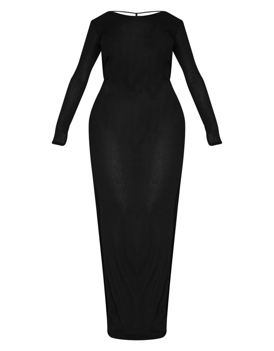 Shape Black Sheer Mesh Long Sleeve Open Back Maxi Dress - 4