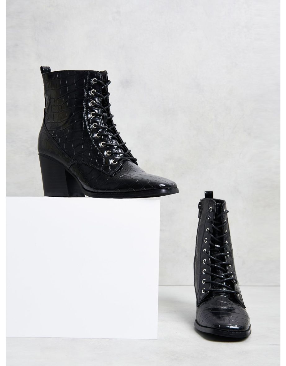Glamorous Black Lace Up Chunky Heel boots - 2