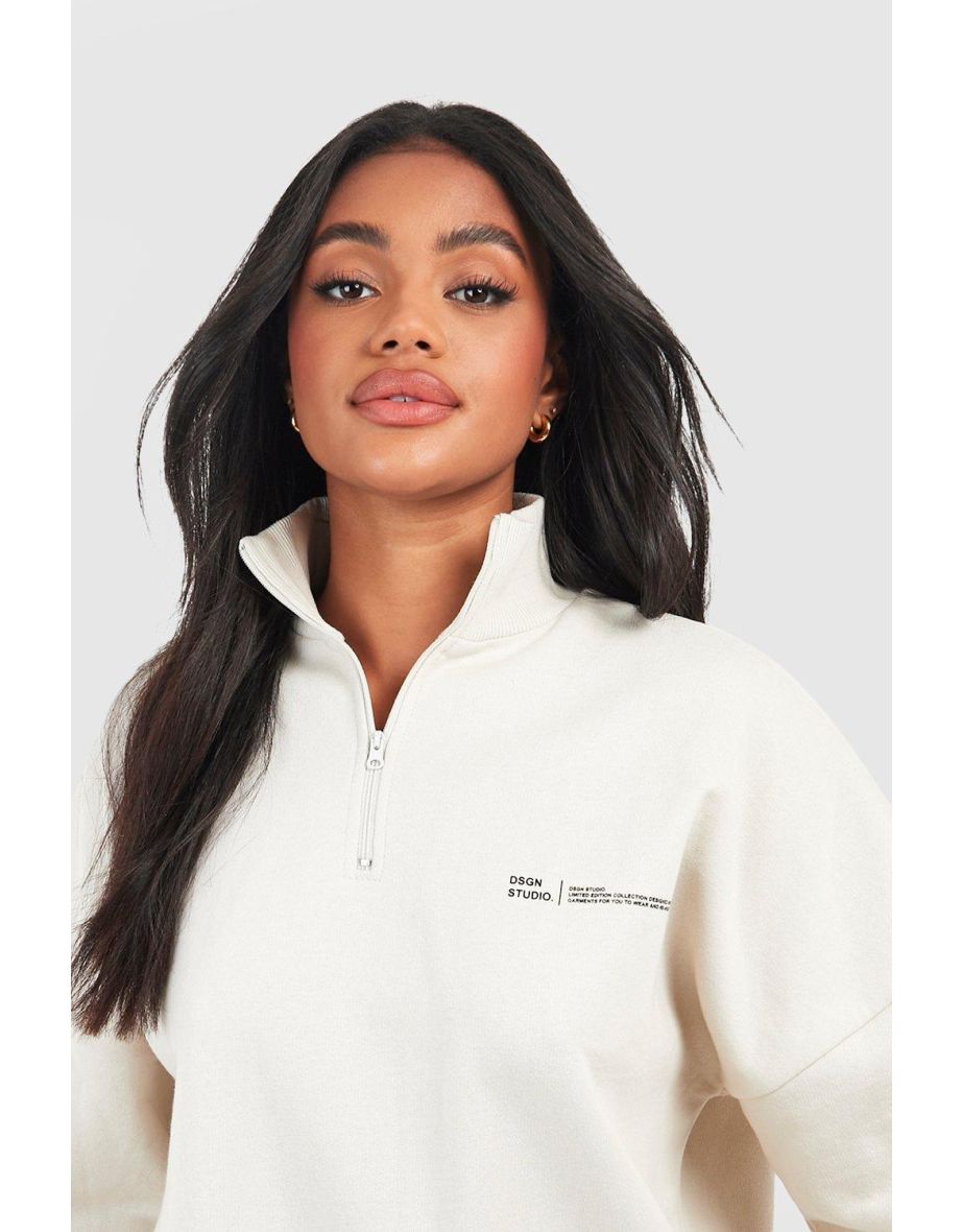 Text Print Slogan Oversized Half Zip Sweatshirt - stone - 3