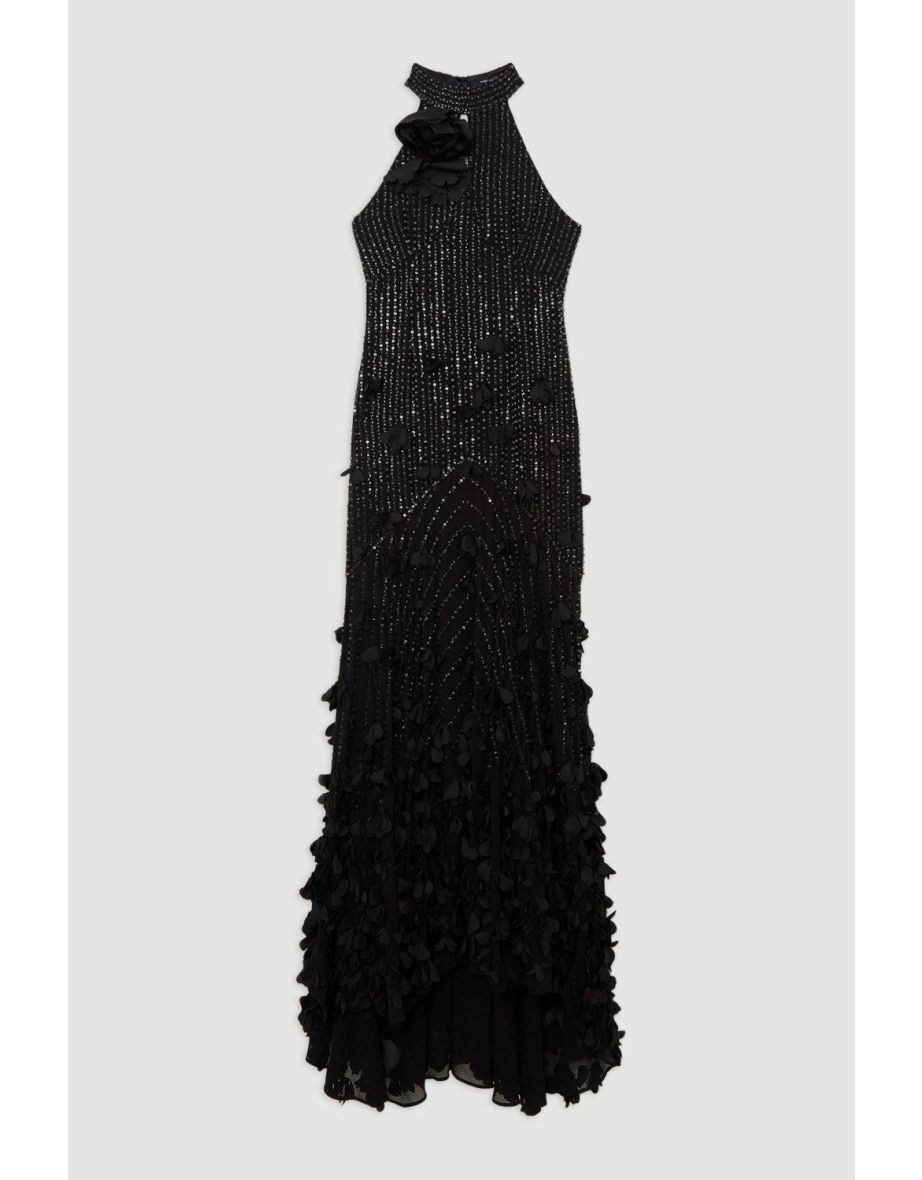 Floral Applique Crystal Embellished Woven Maxi Rosette Maxi Dress - 3
