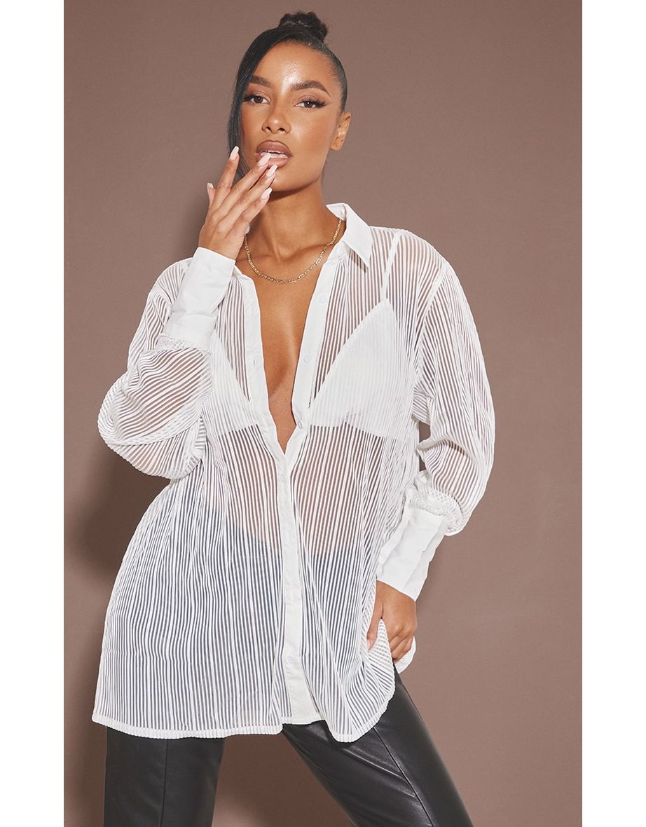 Cream Textured Chiffon Bralet Detail Oversized Shirt