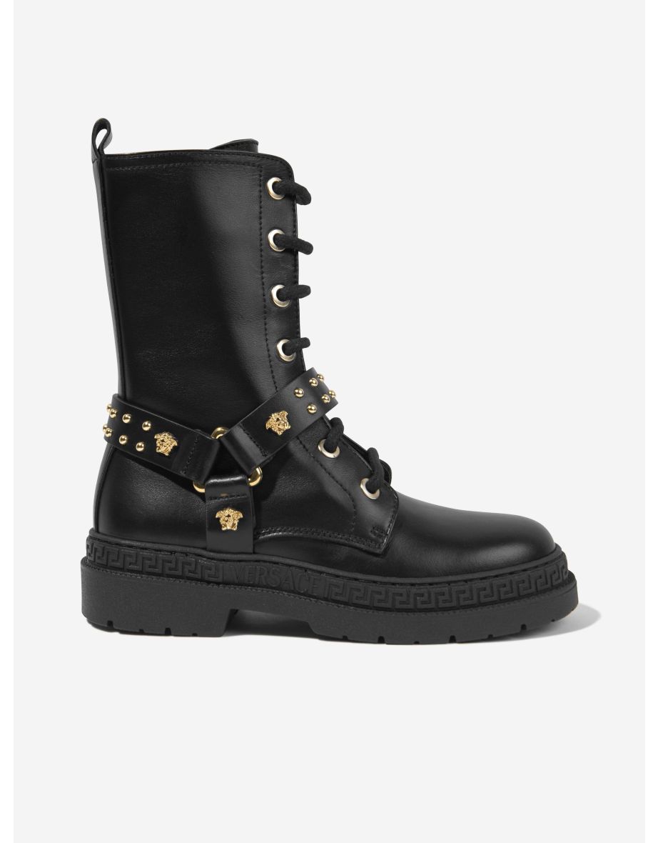 Girls Leather Biker Boots in Black