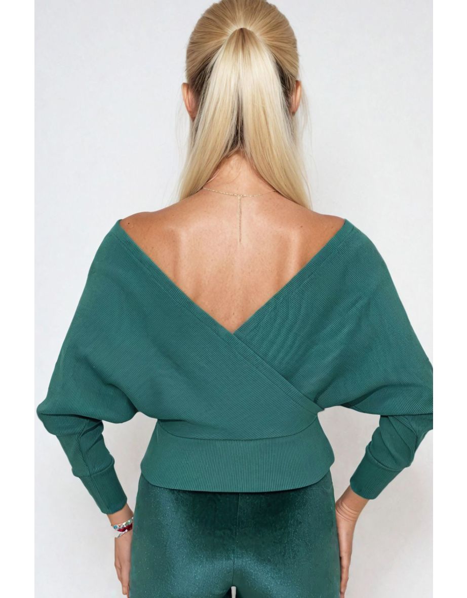Women's Dark Green Front Back V-Neck Double Breasted Blouse - 3