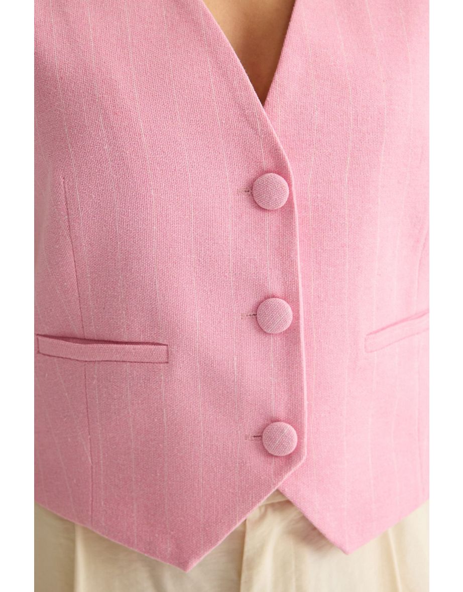 Light Pink Regular Striped Cotton Linen Crop Woven Vest - 4