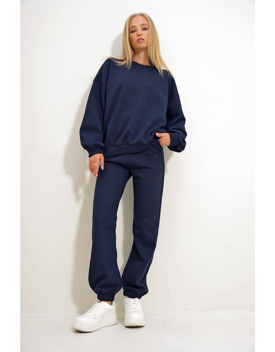 Women's Navy Blue Crew Neck Elastic Waist and Leg Two Yarn Basic Tracksuit - 6