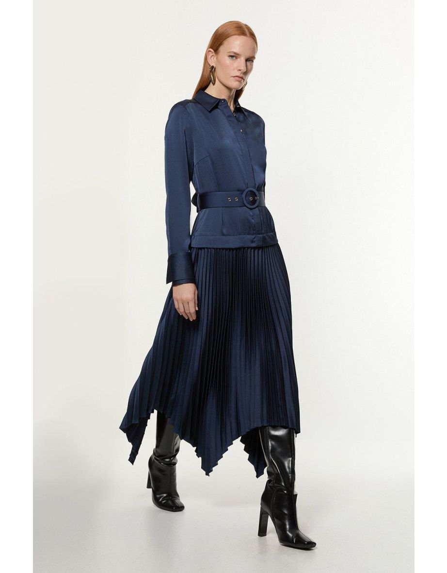 Satin Back Crepe Woven Pleat Shirt Dress