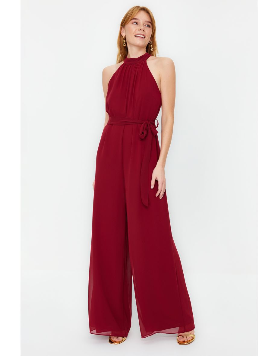 Shop Burgundy Maxi Chiffon Woven Jumpsuit Online in Qatar VogaCloset