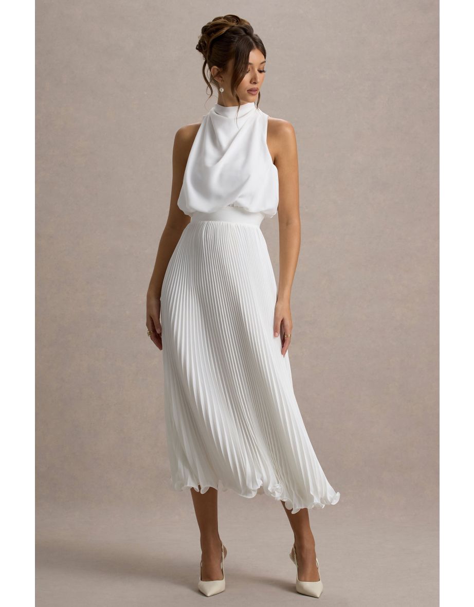 Nila | White Cowl-Neck Midi Dress With Plisse Skirt