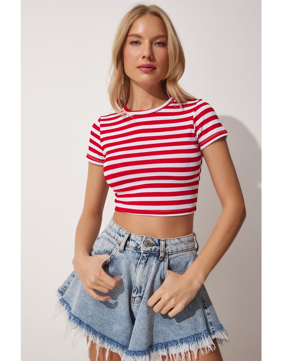 Women's Red White Striped Crop Knitted T-Shirt