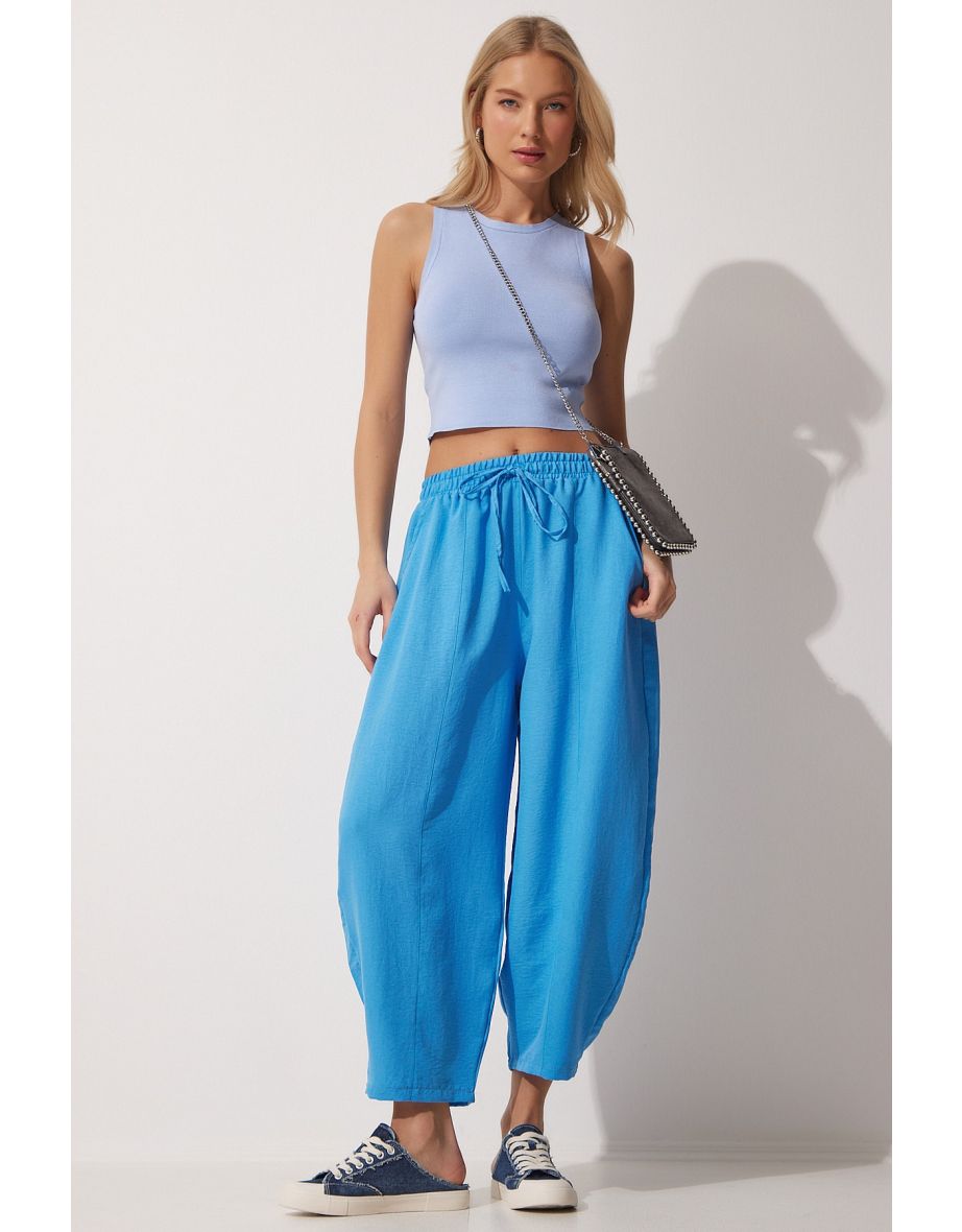 Women's Blue Linen Baggy Trousers