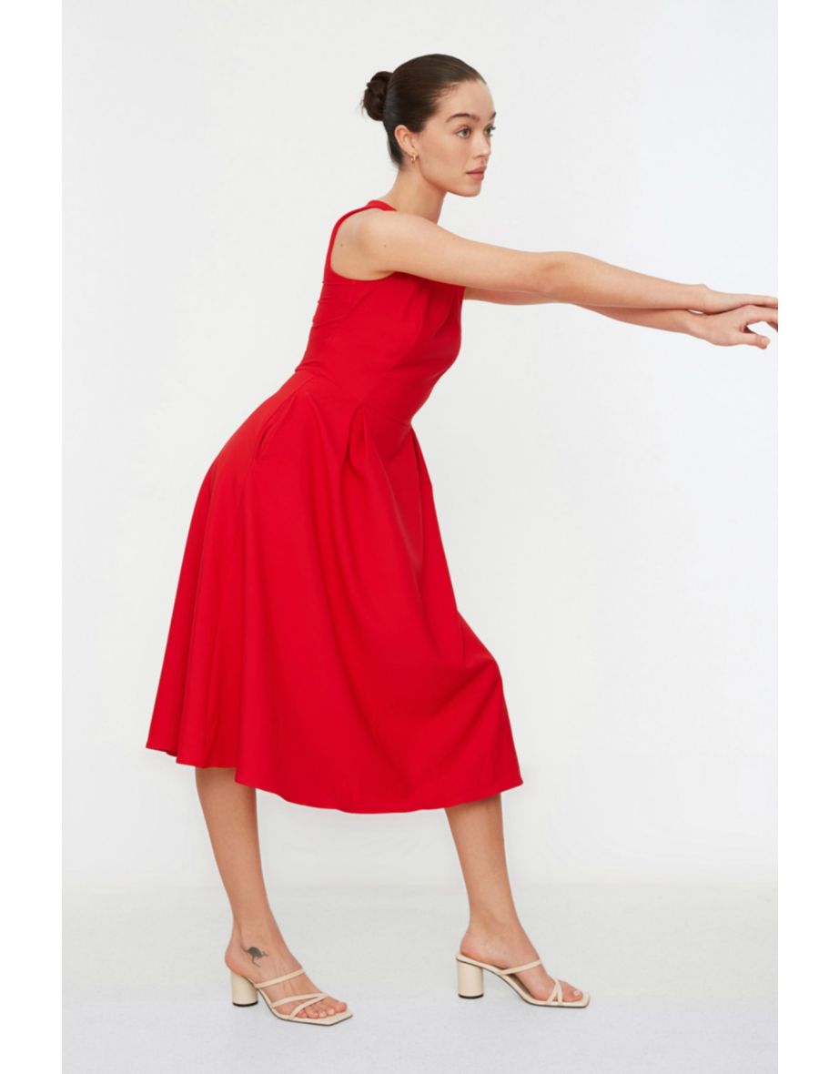 Red A-Line Midi Evening Dress - 7