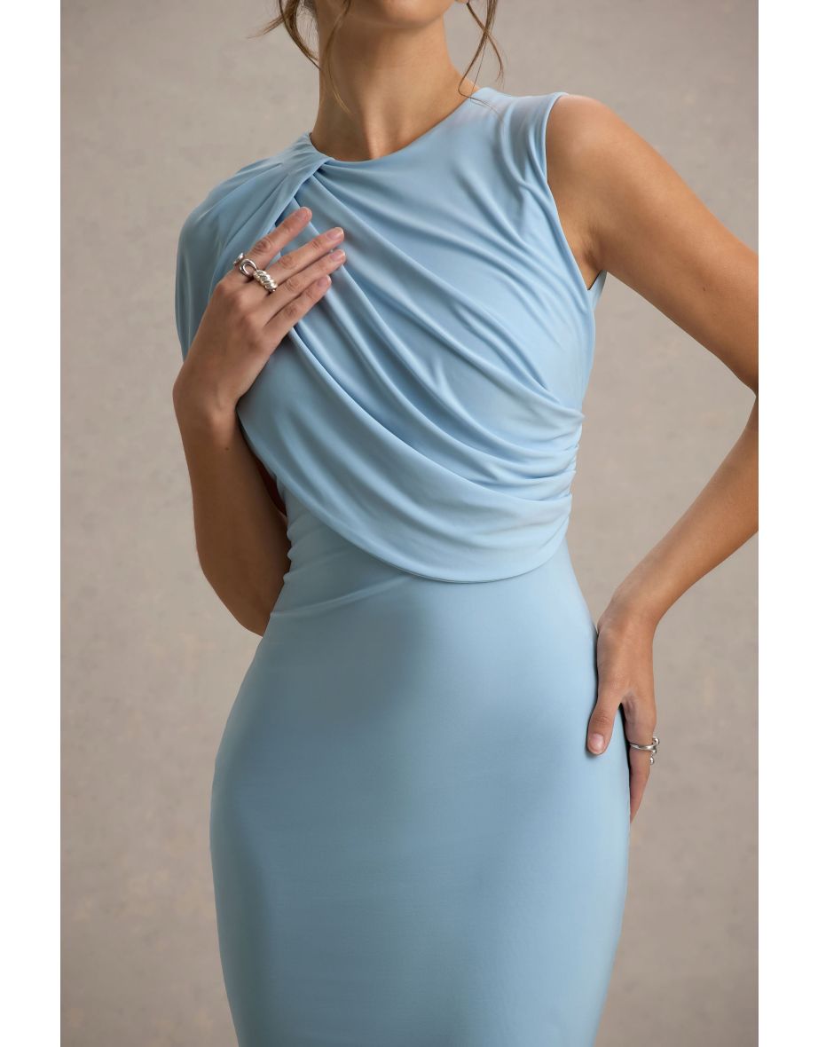 Rae | Powder Blue Maxi Dress With One-Sleeve Cape - 5