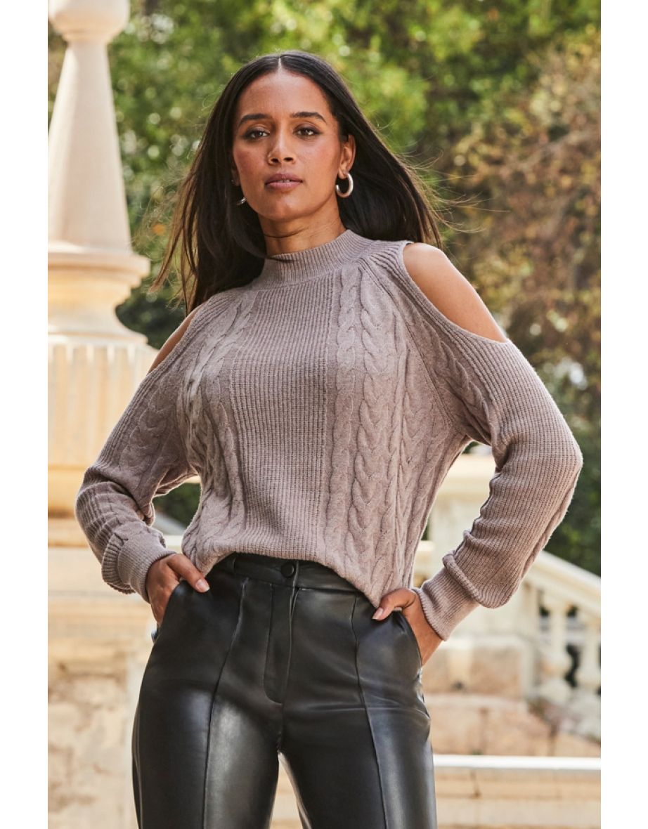 Taupe Cable Knit Cut Out Shoulder Jumper - 4