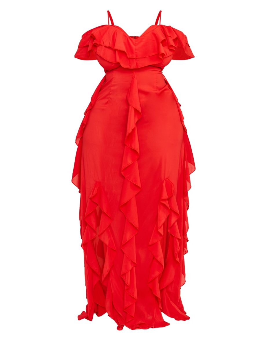 Plus Red Cold Shoulder Ruffle Detail Maxi Dress - 4