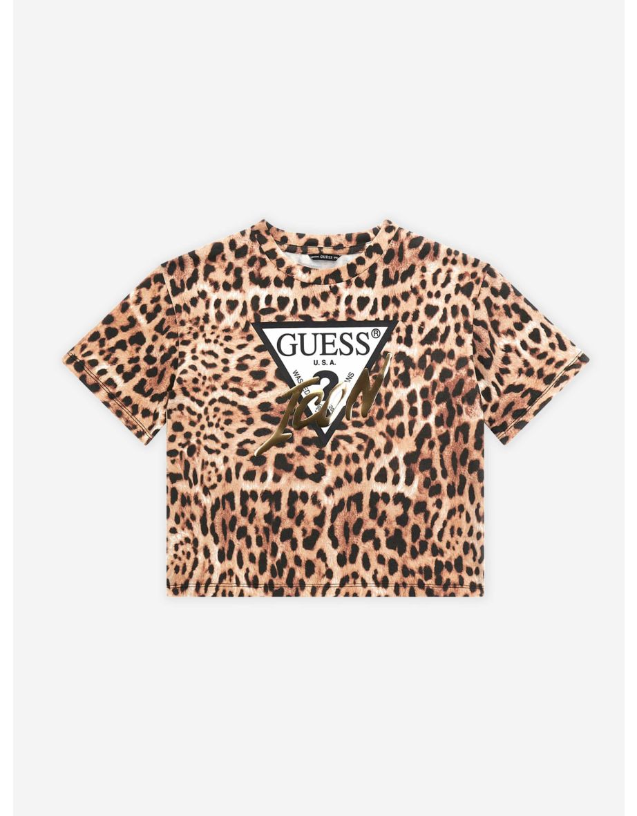 Guess Girls Leopard Print Logo T-Shirt in Brown