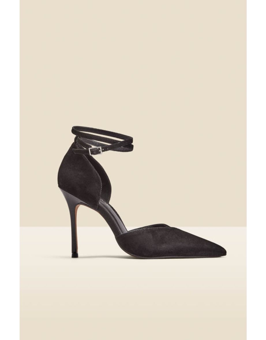 Black Suede Ankle Strap Pointed Toe Court Shoes - 2