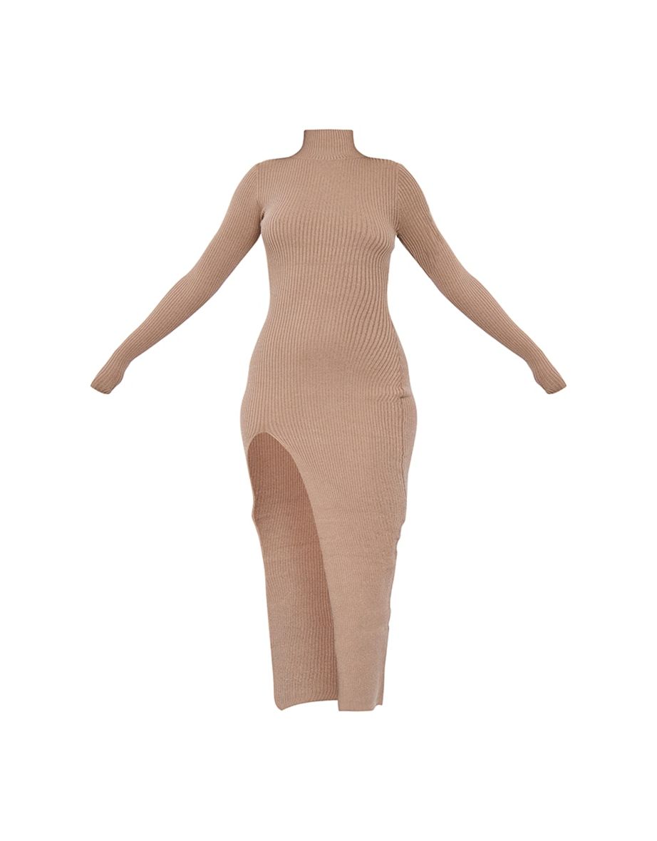 Tall Taupe Knitted Ribbed Side Split Dress - 4